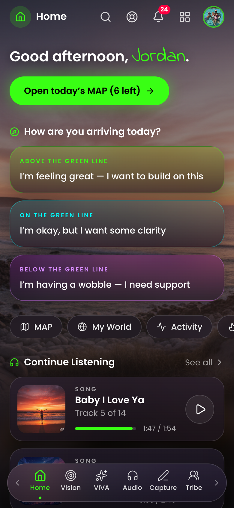 Home: a greeting, the next action, and your tools